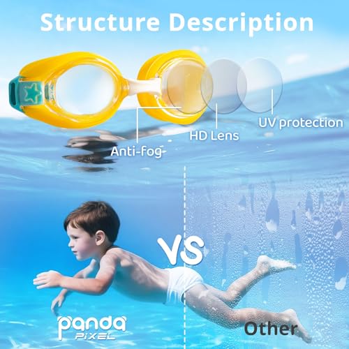 Pixel Panda 2 Pack Kids Swim Goggles with Fabric Strap for 3-14 Anti-Fog Anti-UV, No Leak No Hair Pulling Swimming Goggles
