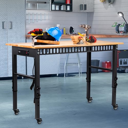 GVGBUK 48" Height Adjustable Workbench, 2000 LBS Load Capacity Rubber Wood Top Workstation, Heavy-Duty Hardwood Worktable ...