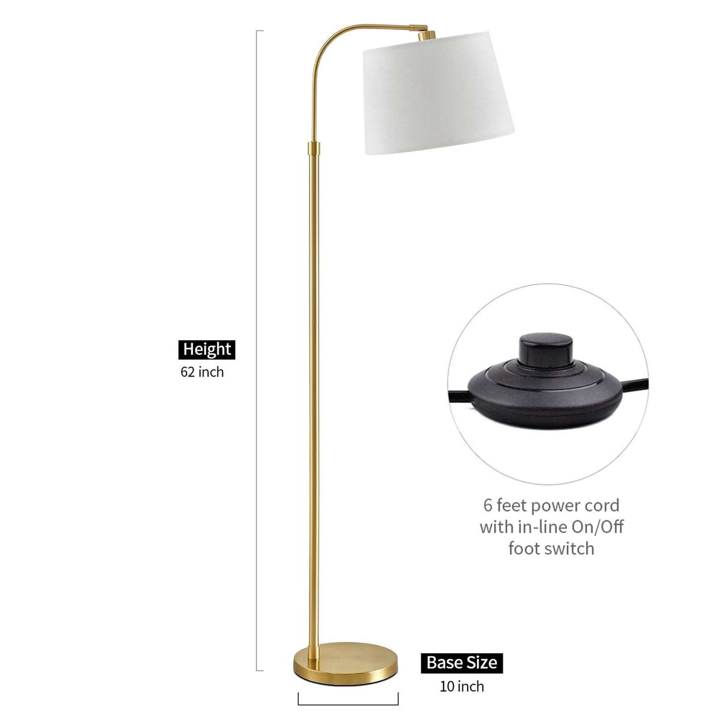 Oneach 62 Gold Arc Floor Lamp - Vintage Mid-Century Modern Metal Reading Light For Living Rooms, Bedrooms, And Offices - Model Amz-F2015-Gl