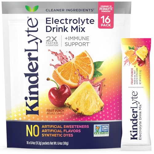 Kinderlyte Electrolyte Powder for Kids and Adults - Drink Mix Hydration Packets (Fruit Punch, 16 Count), No Artificial Swe...