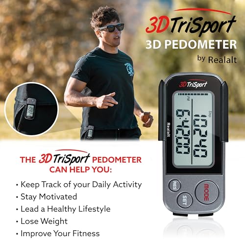 Realalt 3DTriSport Walking 3D Pedometer with Clip & Strap, eBook Included 30 Days Memory Accurate Step Counter, Walking Di...