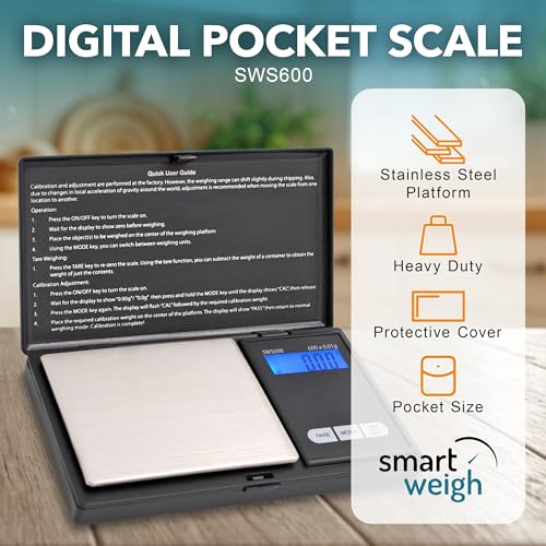 Smart Weigh SWS600 Elite 600g x 0.1g Digital Gram Scale, Pocket Sized Jewelry, Nutrition Kitchen, and School Scale, Slim D...