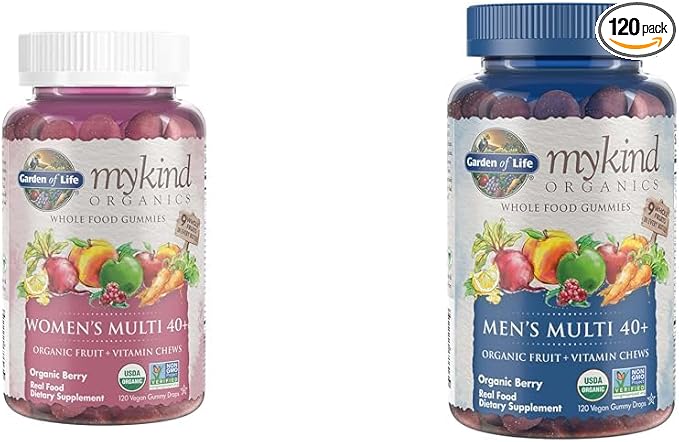 Garden of Life Organics Women 40+ Gummy Vitamins - Berry - Certified Organic, Non-GMO, Vegan & Organics Men 40+ Gummy Vitamins, 40+Multi Berry, 120 Count