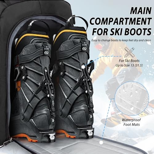 Goloni 50L Ski Boot Bag with Rubberized Exterior/Waterproof Bottom for Skis, Snowboard, Ski Helmet, Accessories
