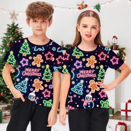 Remimi Kids Christmas Shirts Cute Print Short Sleeve Holiday Funny Xams Tops 5-14 Years