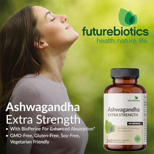 Futurebiotics Ashwagandha Extra Strength Stress & Mood Support with BioPerine - Non GMO Formula, 120 Vegetarian Capsules