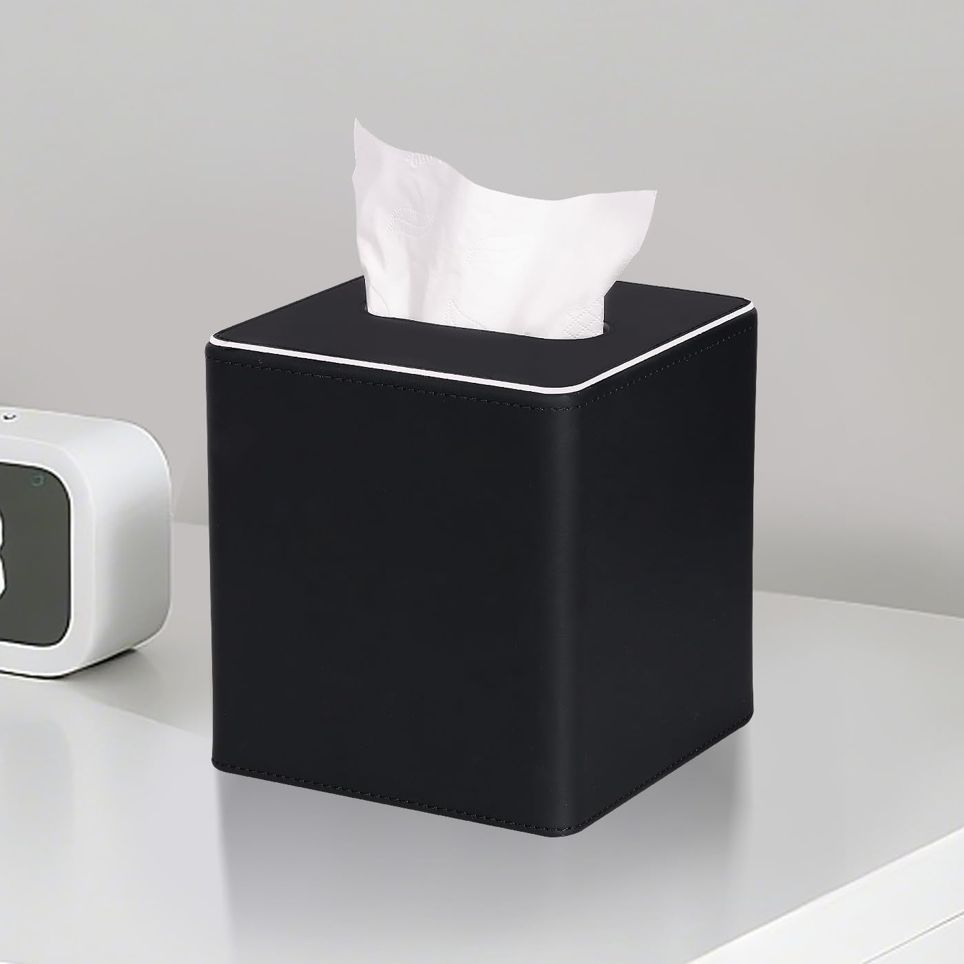 KINGFOM Leather Tissue Box Cover – Square Modern PU Leather Tissue Holder, Cube Tissue Dispenser for Home, Office, Bedroom, Bathroom – Elegant Minimalist Style (Black-Square)