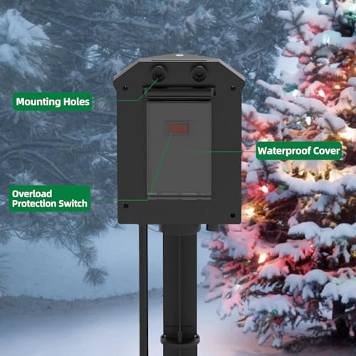 TiFFCOFiO Outdoor Power Strip Weatherproof, 25 FT Extension Cord with Stake, 6 Grounded Outlets for Christmas Yard Decorat...