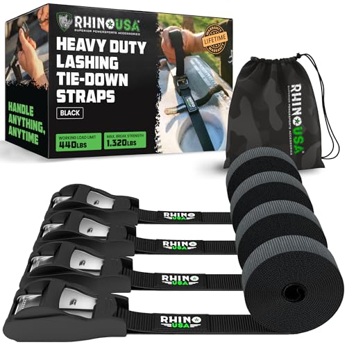 Rhino USA Lashing Straps Cargo Tie Downs (4PK) - 1,320lb lab Inspected Max Break Strength, Includes (4) Heavy Duty 1in x 1...