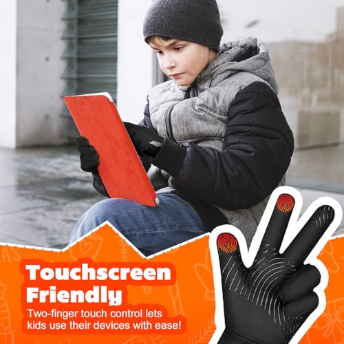 OOPOR Kid Winter Gloves with Grip - Boy Girl Wram Thermal Ski Touch Screen Bike Mittens Black 6-12 Year