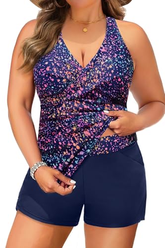 Daci Plus Size Tankini Swimsuit for Women - Two Piece Tummy Control Bathing Suit Tankini Top with Two Pockets Shorts
