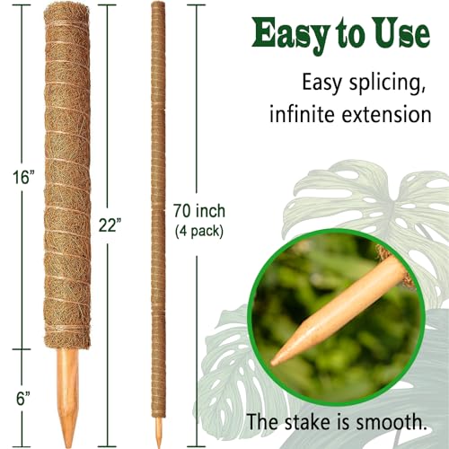 4 Pack 22 Inch Moss Poles, Stackable Moss Pole for Plants Monstera, 70 Inch Tall Moss Poles for Climbing Plants Indoor, Co...