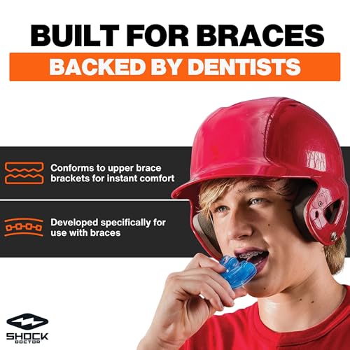 Shock Doctor Mouth Guard for Braces, Upper Teeth Protection, Instant Fit, Adult & Youth Sizes,Blue