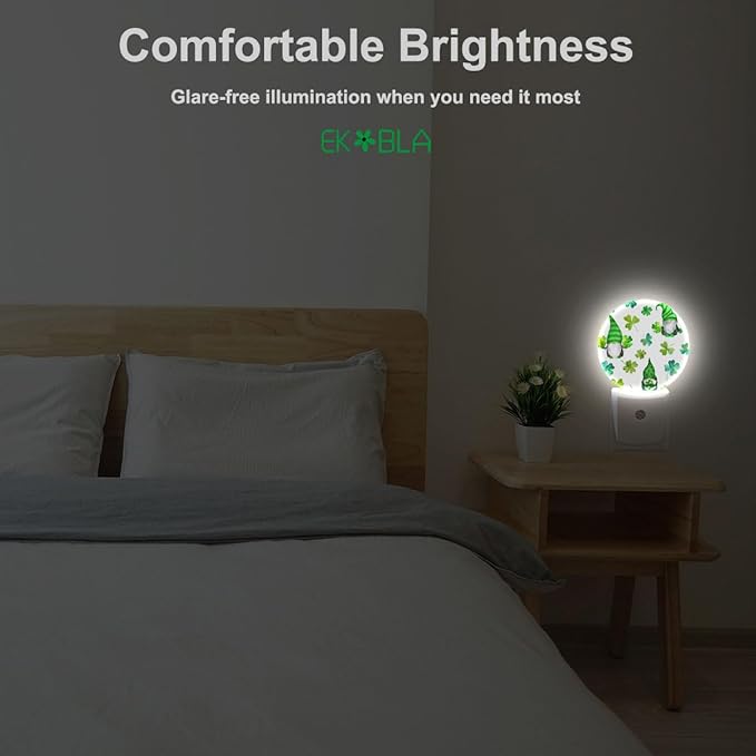 EKOBLA Cute Patrick's Gnome Night Light Green Shamrock Clover Leaves Plug-in Nightlights Auto Sensor LED Plug-in Nightlights for Men Women Girls Boys Home Decor