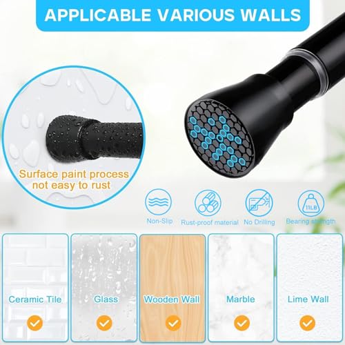 Black Spring Tension Curtain Rod 28-52 Inches, 7/8" Diameter Adjustable Shower Curtain Rod No Drill, Anti-slip Heavy Duty ...