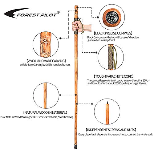 FOREST PILOT 3pc Detachable Fir Wood Walking Stick for Hiking with Compass 55 Inches - with Animal Carving - Soft Hand Str...