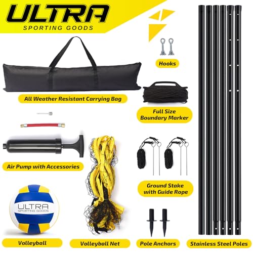 Volleyball Net Outdoor - Includes 32x3 Feet Regulation Size Net, 8.5-Inch PU Volleyball, Carrying Bag, Boundary Lines, Ste...