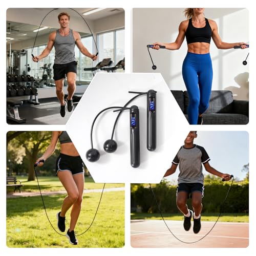 Smart Jump Rope Adjustable Jumping Rope with Weighted Ball Anti Slip Design Wireless Connection LED Display Dual Mode with...