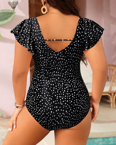 Plus Size One Piece Swimsuit - Women Tummy Control Bathing Suit Ruffle Vintage Swimwear with Sleeves