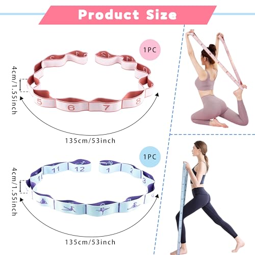 2PCS Elastic Yoga Stretching Strap with 12 Loops Stretch Resistance Exercise Bands for Yoga,Pilates,Dance,Rhythmic Gymnast...