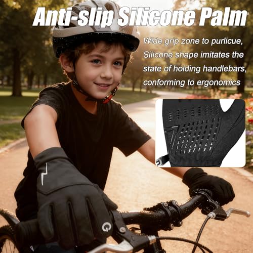 YukiniYa Kids Winter Bike Gloves Warm Water Resistant Anti Slip for Boys Youth 3-15 Years Cycling with Reflective Strip Black