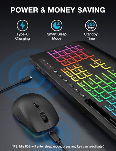 Wireless Keyboard and Mouse Combo - 9 Backlit Effects, RGB, Ergonomic Wrist Rest, Phone Holder, 2.4G Full Size, Rechargeab...