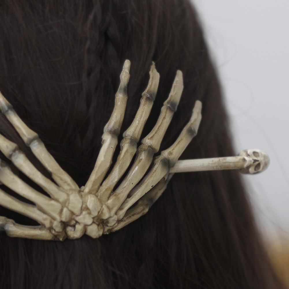 Skeleton Hand Hair Stick with Skull, Gothic Bone Hair Slide Barrette for Women, Halloween Cosplay Costume Hairpin, Faux Bone Res
