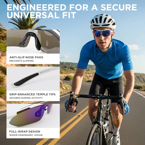 LOLOON Cycling Sunglasses for Men Women Youth, Wrap Around Sports Sunglasses for Running Climbing Bike Baseball Softball Golf