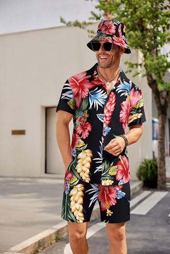 COOFANDY Men's Hawaiian Shirt and Short Set Flower 2-pieces Beach Outfit with Bucket Hats
