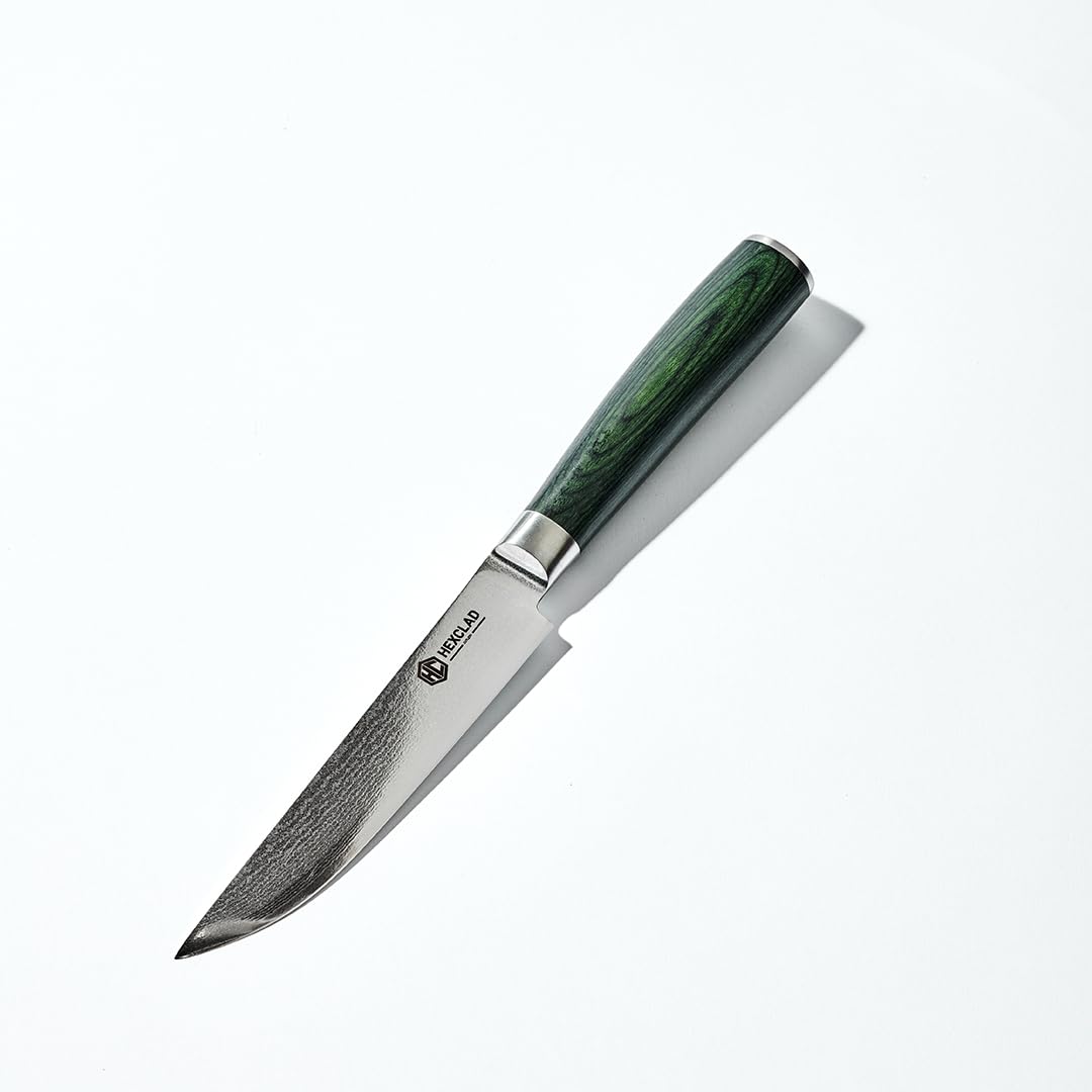 HexClad Green Steak Knife Set, 4-Pieces Damascus Stainless Steel Blades, Full Tang Construction, Pakkawood Handles