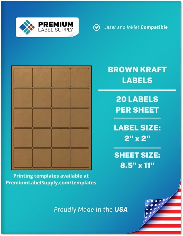 Premium Label Supply Brown Kraft Sticker Square Labels – 2" x 2" – Laser/Inkjet Compatible – (20 per Sheet), 1000 Sheets – 20,000 Total Adhesive Labels