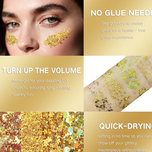 Paminify 4 Jars Gold Face Glitter,Mardi Gras Outfit for Women,Sparkle Gold Body Hair Glitter,Carnival Mardi Gras Makeup Ac...