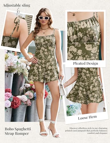 Ekouaer Rompers for Women Boho Floral Summer Romper Sleeveless Spaghetti Strap Smocked Loose Casual Shorts Jumpsuits