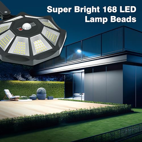 OKPRO Solar Lights Outdoor, 168LED 6500K Flood Light Dusk to Dawn, 8 Sides Solar Outdoor Lights with Motion Sensor, IP66 W...