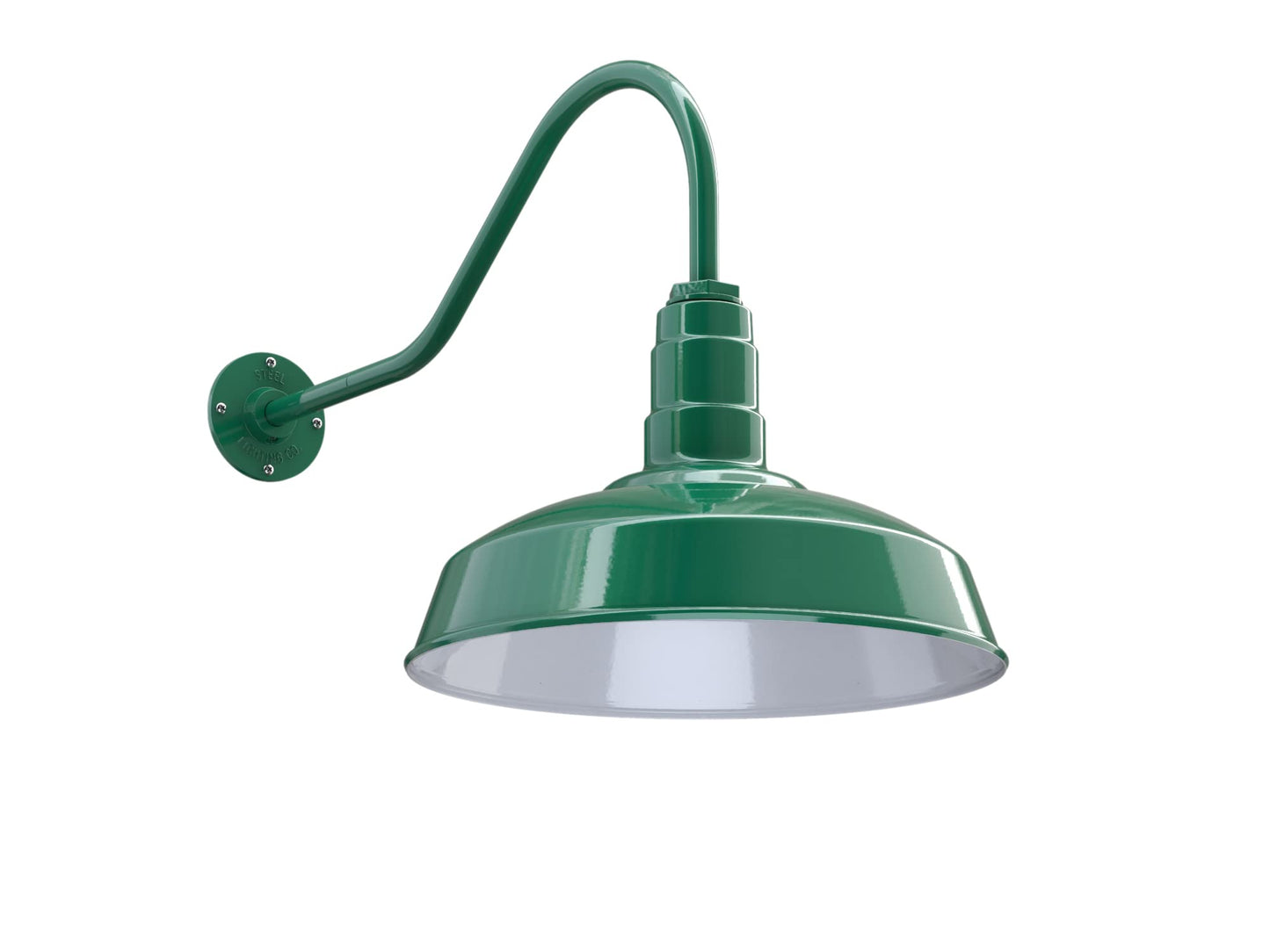 Steel Lighting Co. Gardena Barn Light - Outdoor Wall Mounted, 16in Dome, 23in Gooseneck, Green/White, Dusk to Dawn