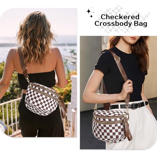 kuifang Checkered Bum Bag Crossbody Bag for Women, Spacious Purse Oversized Fanny Packs（Brown）