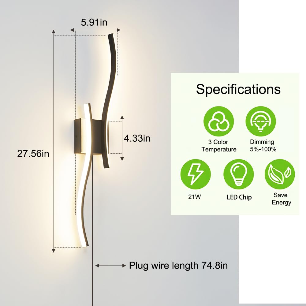 Daunton Modern Plug In Wall Sconce Set Of 2  Black Dimmable Led Wall Light With Remote Control  3Cct Adjustable & Memory Function  Timer  Plug In Cord Wall Lamp For Tv Wall Living Room Hallway Bedroom