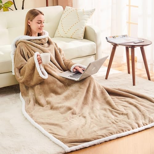 Ramees Sherpa Wearable Blanket with Sleeves and Pockets, Soft Warm TV Blanket Throw for Men and Women