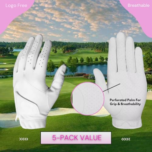 Scratch Cabretta Leather Ladies Golf Gloves (5 Pack) Logo Free, for 2025, Durable & Soft, Small Medium Large X-Large