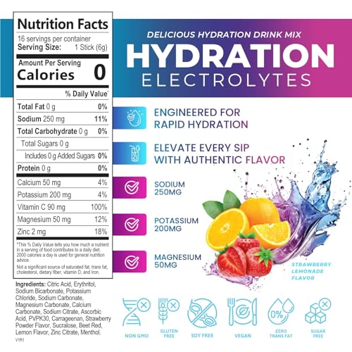 Electrolyte Hydration Packets - Best Electrolytes Drink Mix - Sugar Free Formula with Sodium, Potassium, Magnesium, Zinc &...