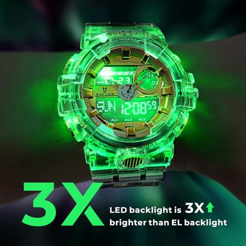 PINDOWS Watches for Men, Transparent Gold Analog Digital Dual Time 50M Waterproof, LED Backlight Multifunctional with Alar...