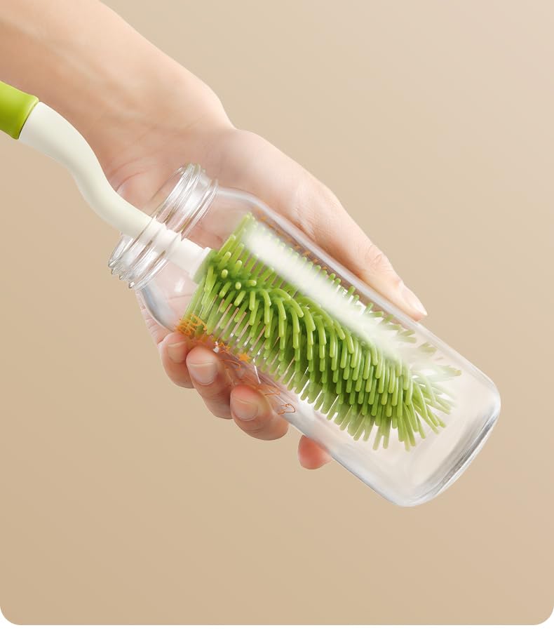 360° Rotating Silicone Bottle Cleaning Brush Set, Includes Baby Bottle Brush, Nipple Cleaner, Straw Brush and Drying Stand. (Green)