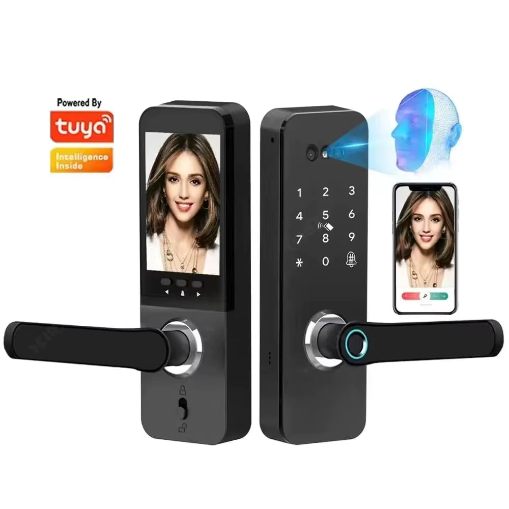 Smart Door Lock with Face Recognition – 6 Unlock Ways (Fingerprint, Face ID, Password, Card, Key, Tuya APP) | Keyless Entry & WiFi APP Control | Easy DIY Install | Weatherproof Design | Doorbell