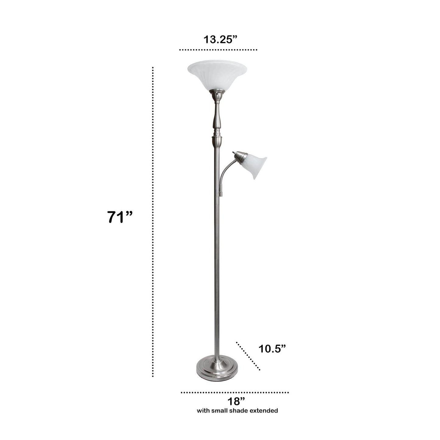 LALIA HOME Torchiere Floor Lamp with Reading Light, Marble Glass Shades, Brushed Nickel, Model LHF-3003-BN