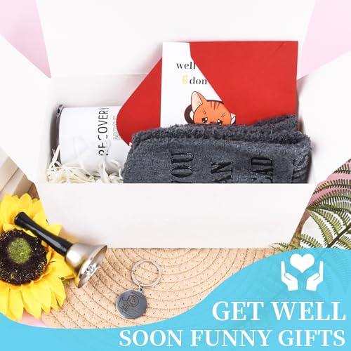 6 Pcs Funny Get Well Soon Gifts for Women Men, 20oz Hospital Mug Funny Recovery Socks Hand Bell Keychain Greeting Cards Ge...
