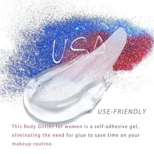 Red White and Blue Body Glitter, Hair Glitter, Red White and Blue Accessories USA Flag Pride Face Glitter, Hair Gel for In...