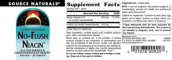 Source Naturals No-Flush Niacin, B-3 for Energy & Cardiovascular Health* 500 mg - 30 Tablets