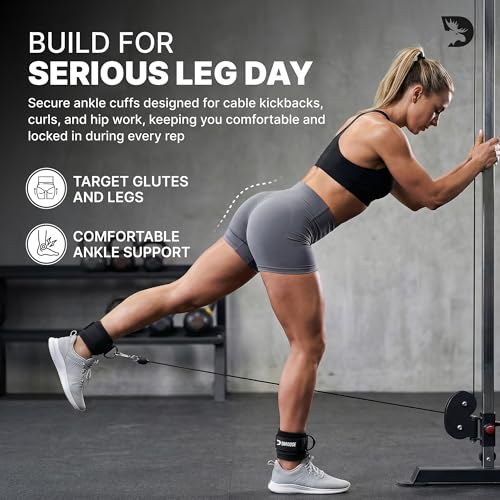 DMoose Fitness Ankle Strap for Cable Machine - One Size Fit with Premium Padding Cuffs, Ankle Bands for Working Out, Booty...