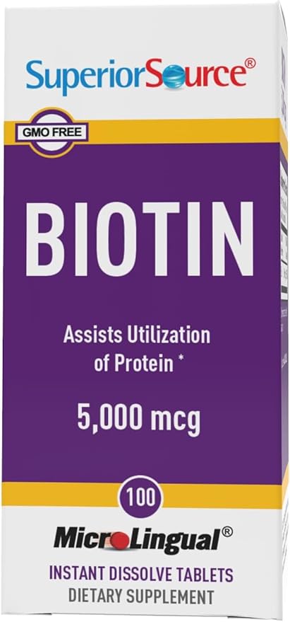 Superior Source Biotin 5000 mcg. Under The Tongue Quick Dissolve MicroLingual Tablets, 100 Count, Supports Healthy Hair, Skin, and Nail Growth, Helps Support Energy Metabolism, Non-GMO