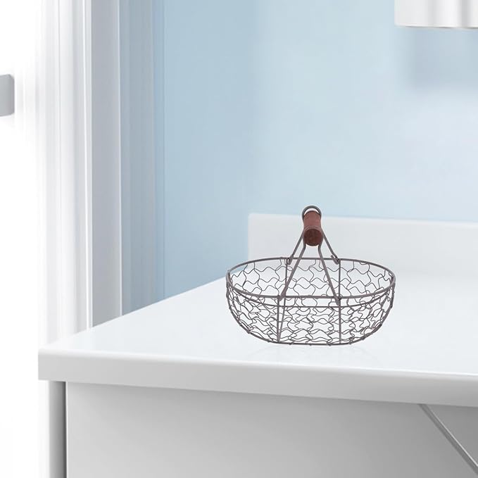 Chicken Wire egg Basket for Gathering: Farmhouse Vintage Style Fresh Eggs Holder With Handle - 7X4.7X4.7in Countertop Storage Container for Collecting Fruit Bread Potato